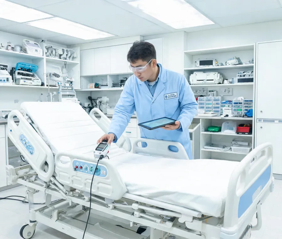 Biomedical engineer performing hospital bed preventive maintenance